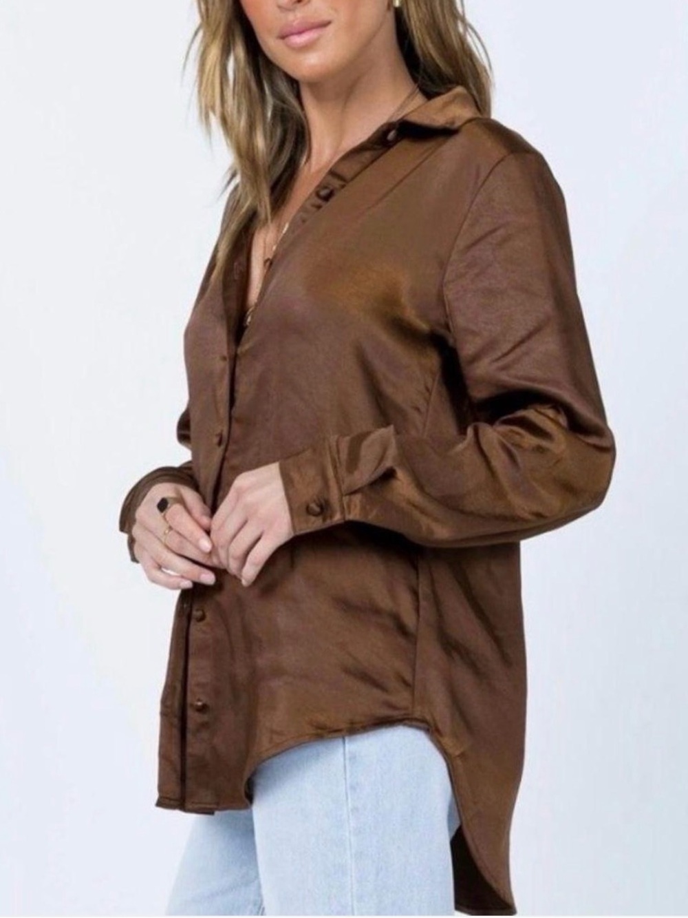 Princess Polly Chocolate Brown Satin Button-Up Shirt